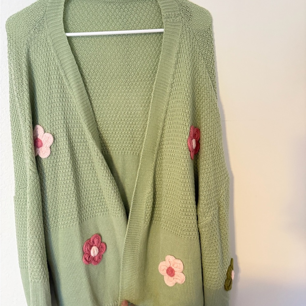Green Floral Knit Cardigan Sweater